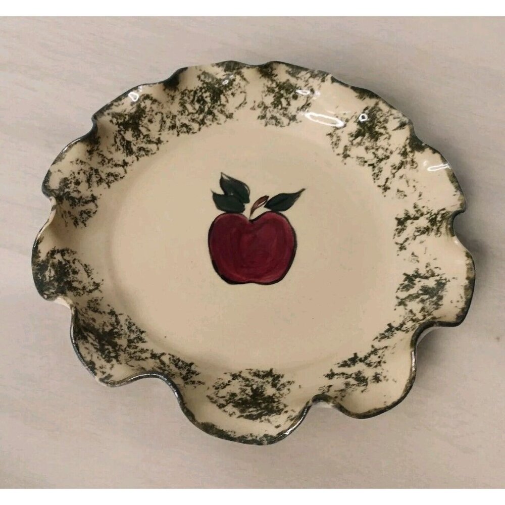 NC Piney Woods Art Pottery Apple Pie Dish Vintage Spongeware Ruffled Edge Baking